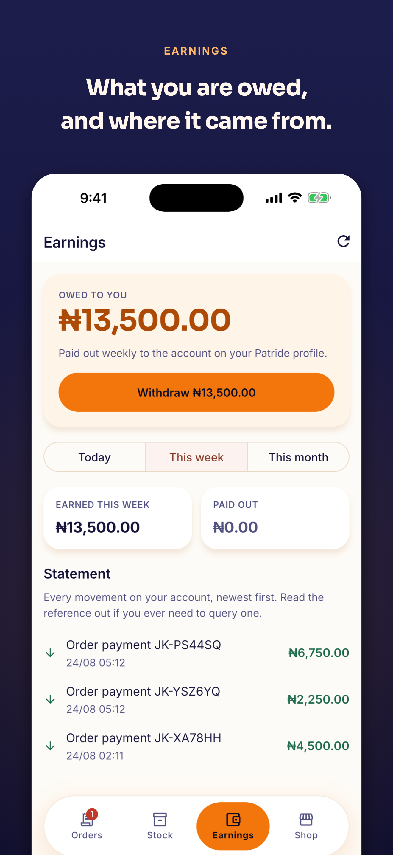 The vendor earnings screen: ₦13,500.00 owed to you with a Withdraw button, and a statement listing each order payment by reference